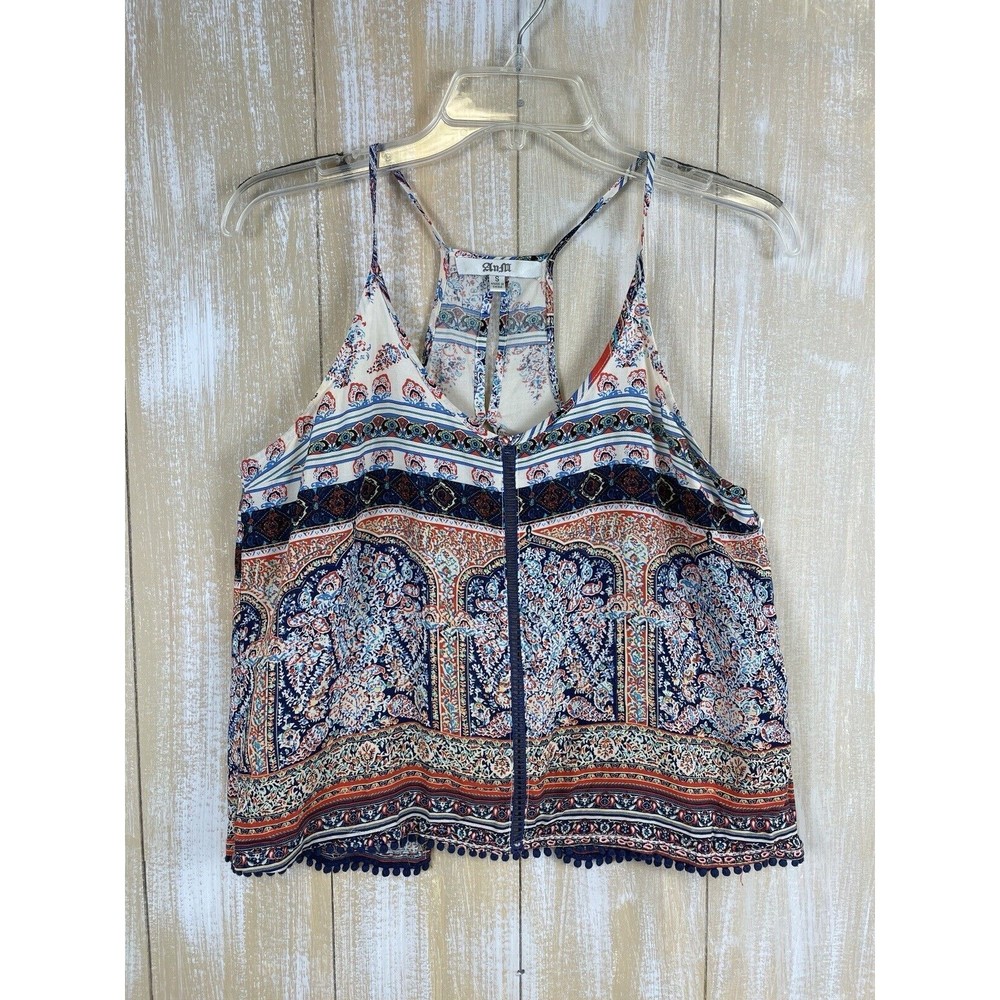 AnM Size Small Peasant Boho Cami Top Open Back Fringe Trim - Picture 2 of 11